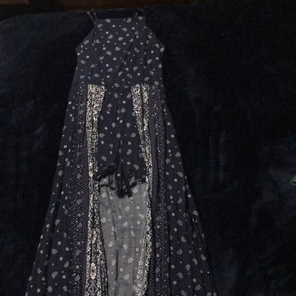 navy blue romper, with fabric train attached